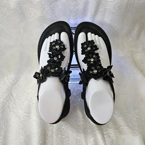 Black T-Strap Floral Beaded Sandals  8.5